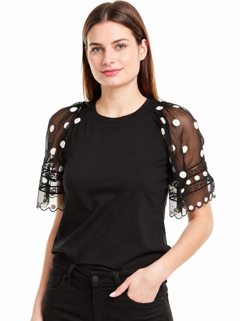Rebecca Taylor Dot Embroidered Jersey Top Black Cotton Blouse Size L NWT